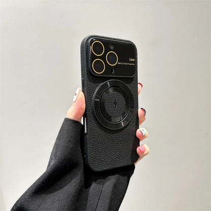 Large Window Litchi Texture For Magsafe Magnetic Case For iPhone