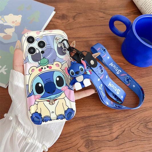 Cute Cartoon Stitch Angel With Crossbody Lanyard Pendant Wave Phone Case For iPhone