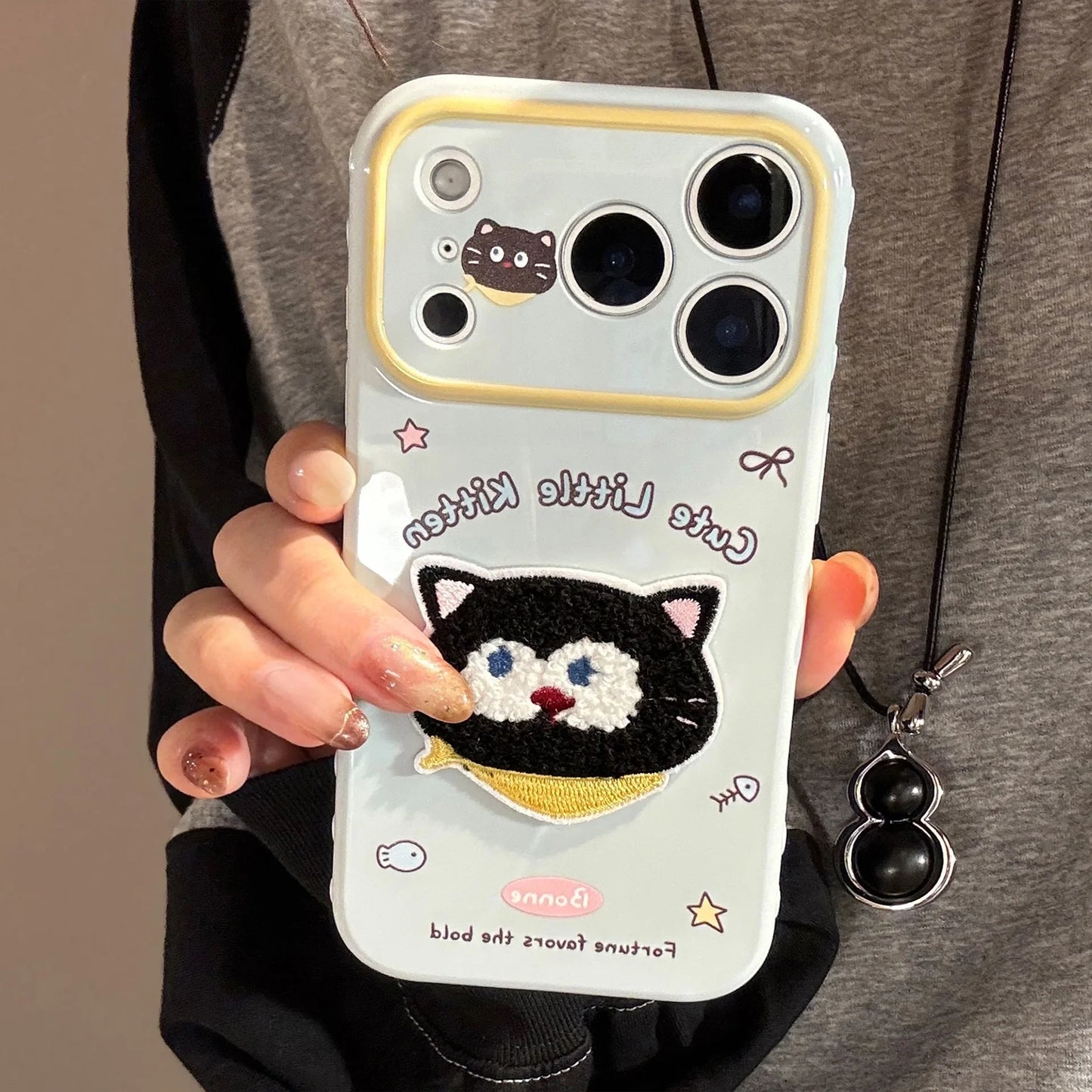Korean Cartoon Embroidery Cat Pig Animals Plush Couple Phone Case For iPhone