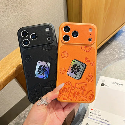 Luxury Cartoon Mahjong Get Rich Laser Leather Texture Couple Phone Case For iPhone