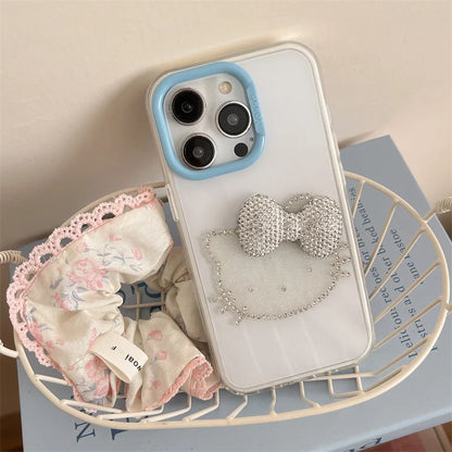 Luxury Rhinestone Bow Jelly Solid Color Glitter Hello Kitty Phone Case For iPhone