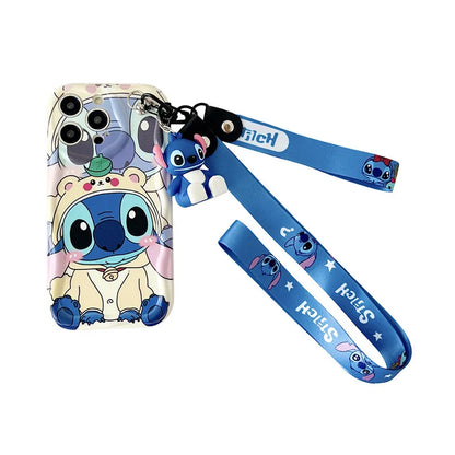 Cute Cartoon Stitch Angel With Crossbody Lanyard Pendant Wave Phone Case For iPhone