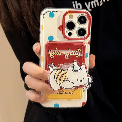 Cute Cartoon Puppy Bracket Card Holder Phone Case With Lanyard For iPhone