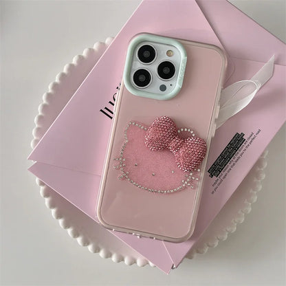 Luxury Rhinestone Bow Jelly Solid Color Glitter Hello Kitty Phone Case For iPhone