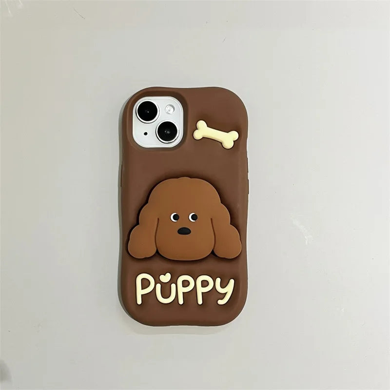 Cute Cartoon Teddy Puppy Silicone Telescopic Bracket Phone Case For iPhone