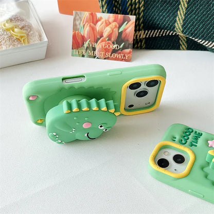 3D Cartoon Dinosaur Telescopic Bracket Soft Silicone Phone Case For iPhone