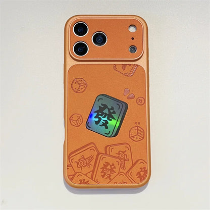 Luxury Cartoon Mahjong Get Rich Laser Leather Texture Couple Phone Case For iPhone