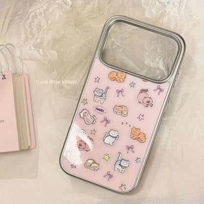 Korean Cartoon Kitten Silver Border Plating Phone Case For iPhone