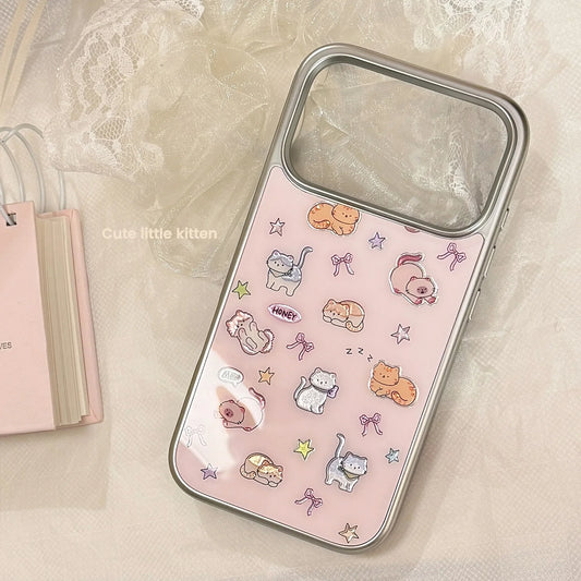 Korean Cartoon Kitten Silver Border Plating Phone Case For iPhone