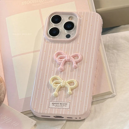 Korean Cute 3D Bowknot Pink Striped Wave Point Soft Phone Case For iPhone