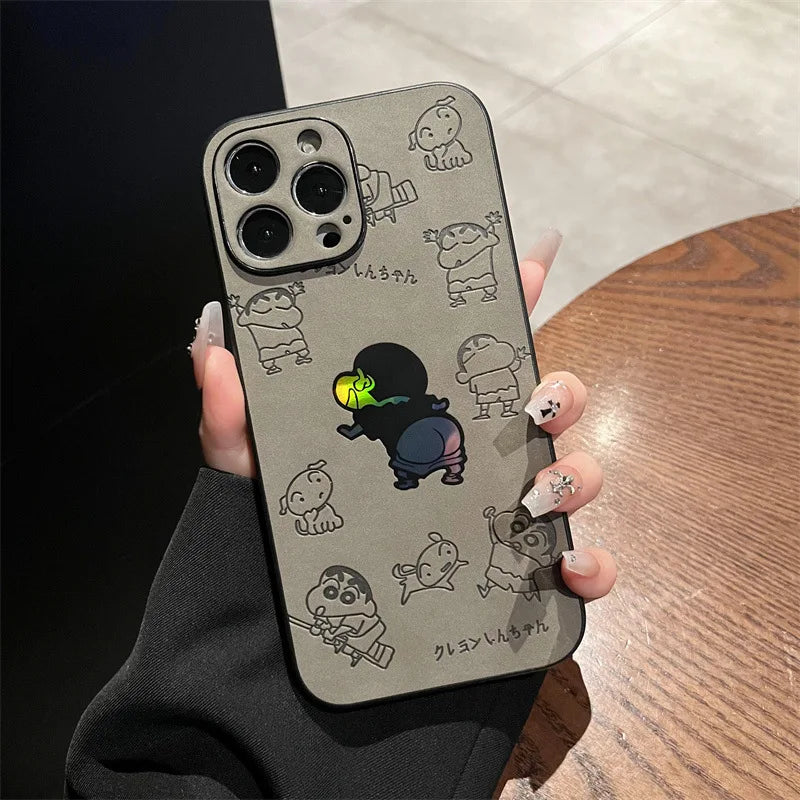 Cartoon Crayon Shin-chan Leather Texture Laser Phone Case For iPhone