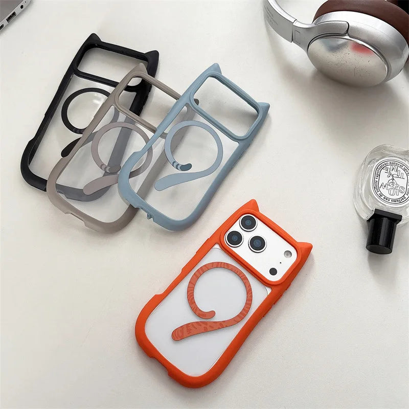 Cute Cartoon Solid Color Cat Tail Clear Magnetic Phone Case For iPhone