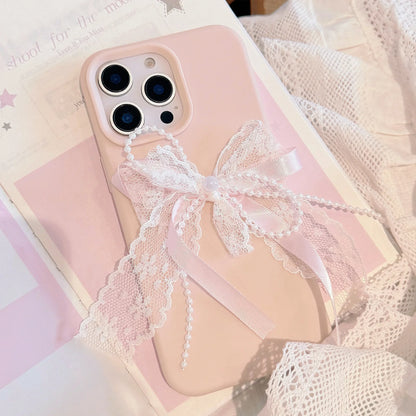 Korean Cute 3D Pearl Lace Silk Ribbon Bow Phone Case For iPhone