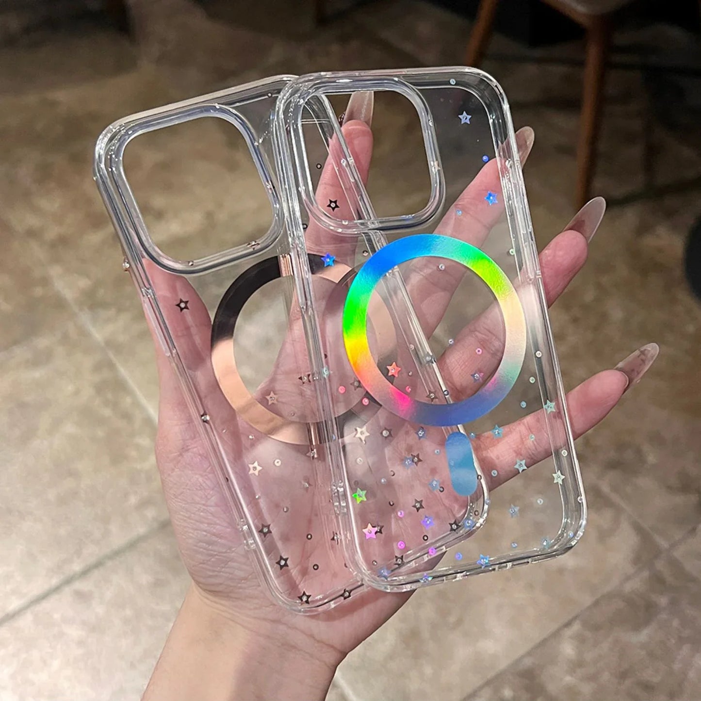 Dazzling Laser Star Pattern Magnetic Wireless Charging Clear Phone Case For iPhone