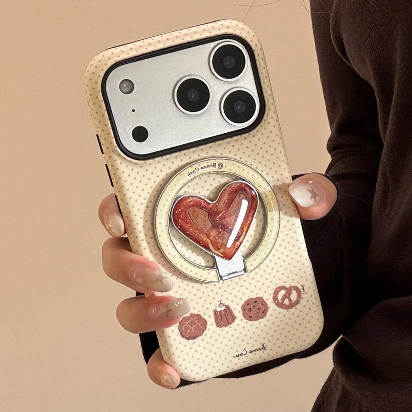 Cute Wave Point Cookie Bread Fold Love Heart Bracket Magnetic Phone Case For iPhone