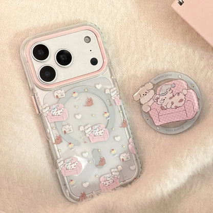 Korean Cartoon Pink Sofa Puppy House Holder Magnetic Phone Case For iPhone