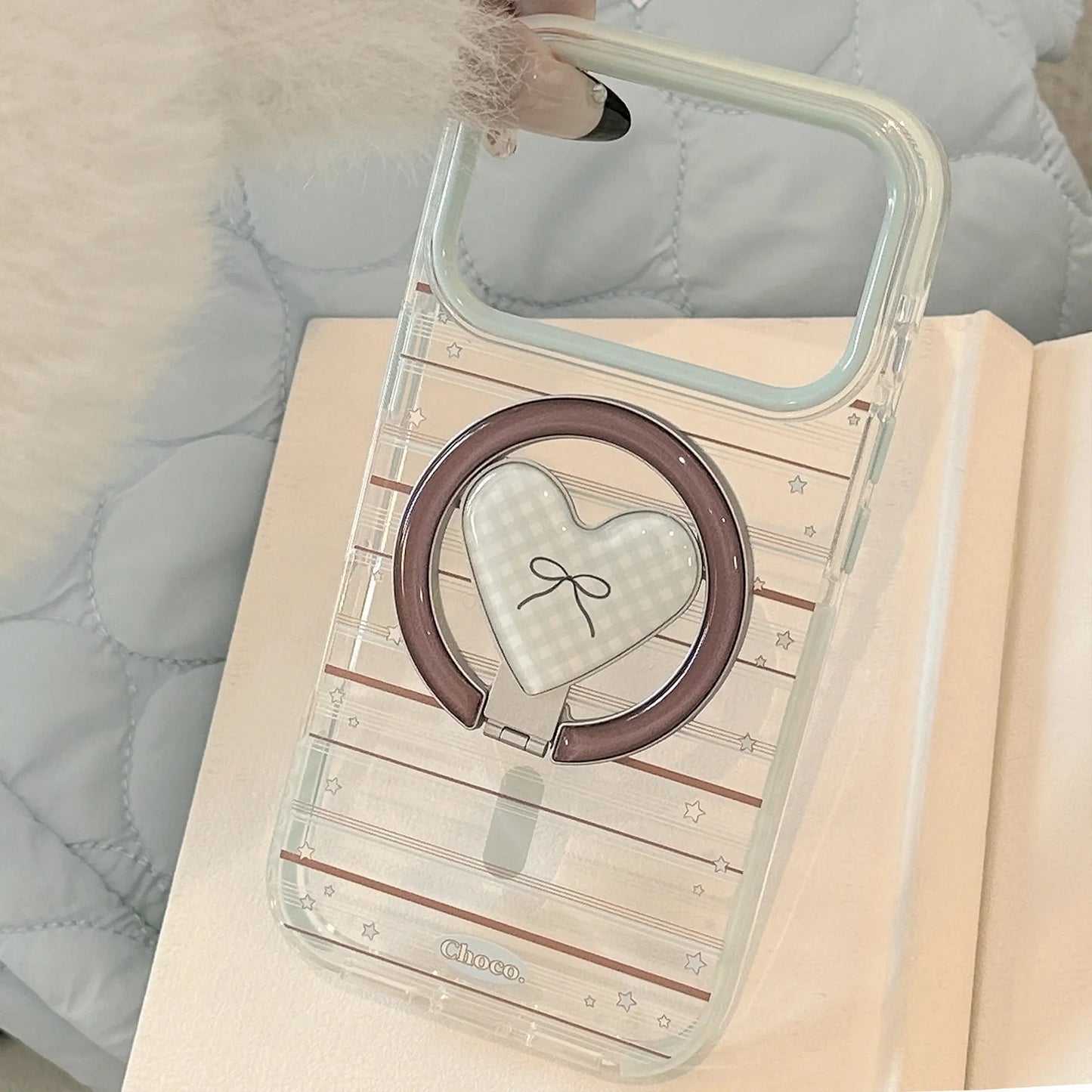 Korean Striped Stars Fold Love Heart Bow Bracket Magnetic Phone Case For iPhone