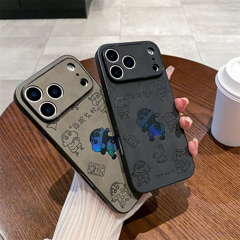 Anime Crayon Shin-chan Butt Emboss Laser Faux Leather Phone Case For iPhone