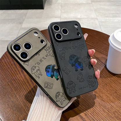 Anime Crayon Shin-chan Butt Emboss Laser Faux Leather Phone Case For iPhone