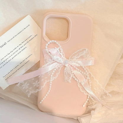 Korean Cute 3D Pearl Lace Silk Ribbon Bow Phone Case For iPhone