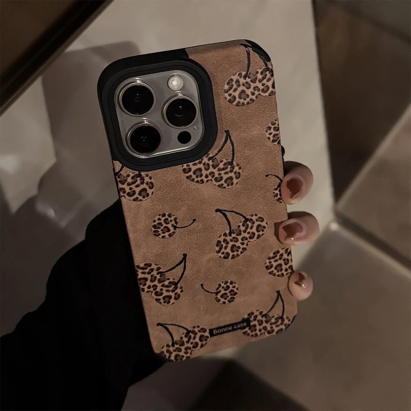 Leopard Print Cherry Suede Leather Phone Case with Beaded Chain For iPhone