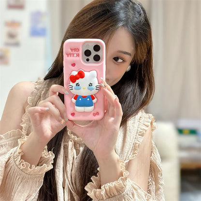Kawaii 3D Cartoon Cry Hello Kitty Telescopic Bracket Soft Silicone Phone Case For iPhone