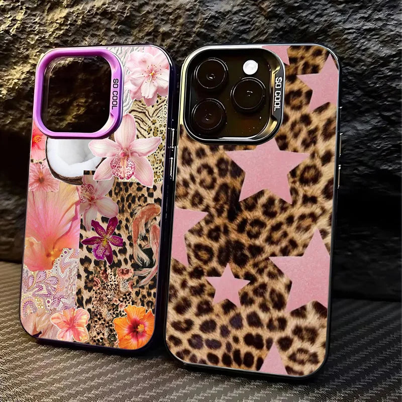 Leopard Print Star Flower Plating Matte Hard Phone Case