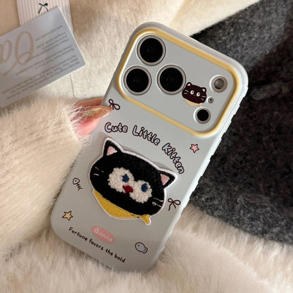 Korean Cartoon Embroidery Cat Pig Animals Plush Couple Phone Case For iPhone