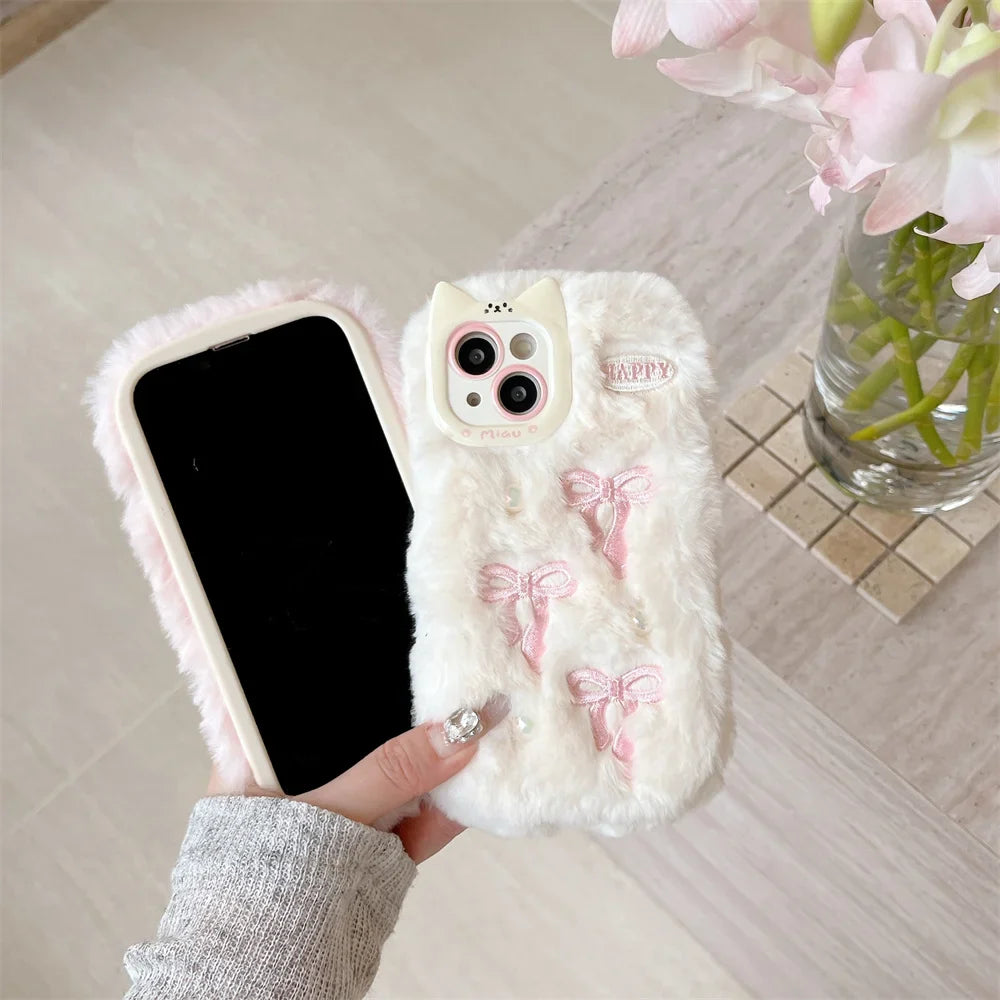 Soft Fluffy Plush bowknot Cat Ears 3D Pearl Phone Case