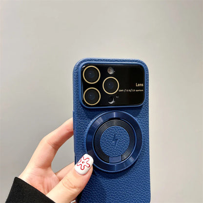 Large Window Litchi Texture For Magsafe Magnetic Case For iPhone