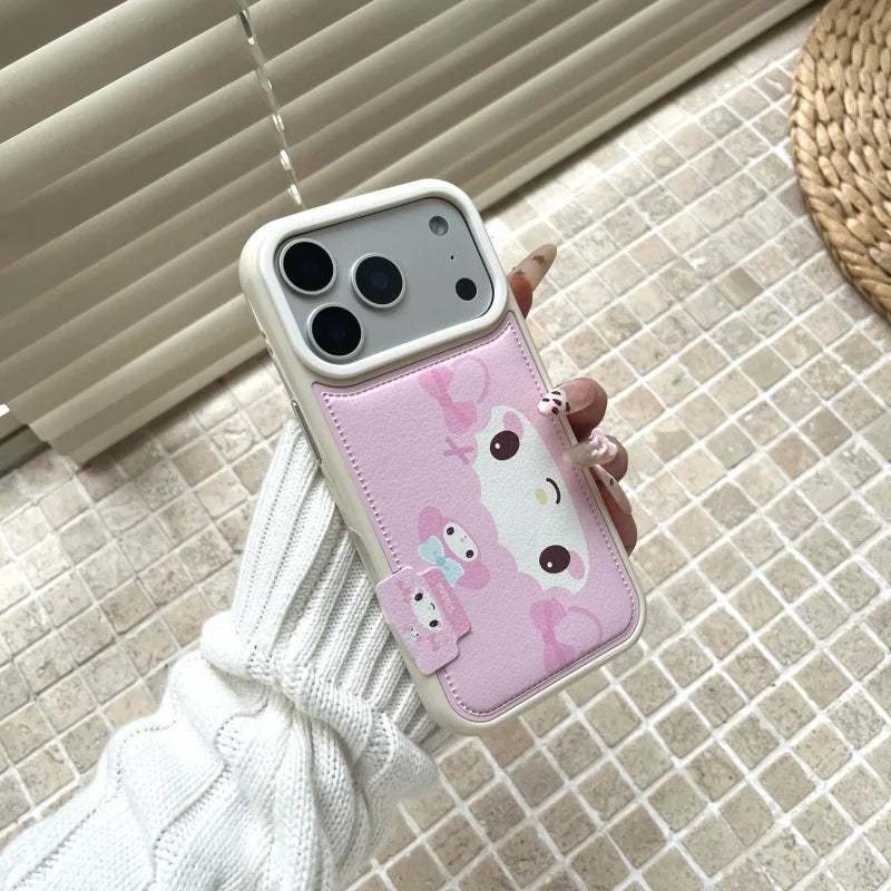 Y2k Cartoon Cute Pink Shy Bow Lamb Leather Phone Case For iPhone