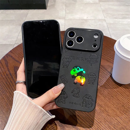 Anime Crayon Shin-chan Butt Emboss Laser Faux Leather Phone Case For iPhone