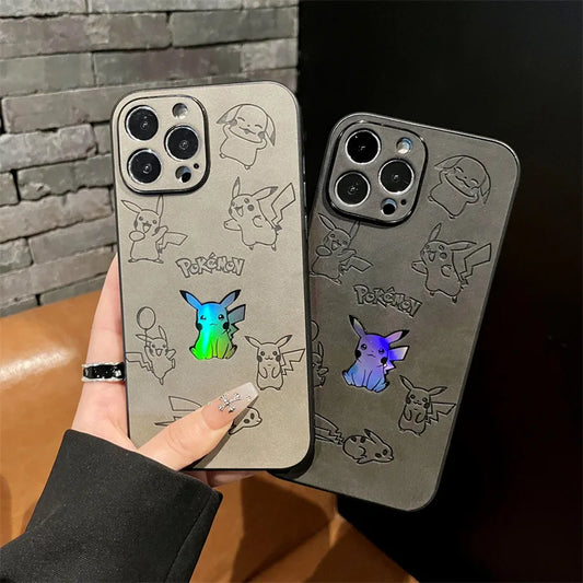Cute Cartoon Anime Pikachu Leather Texture Laser Phone Case For iPhone