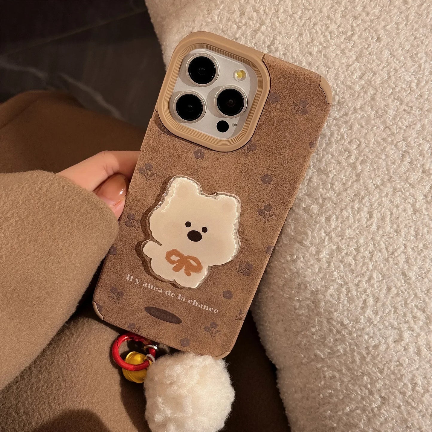 Cute Cartoon 3D White Puppy Flowers Suede Leather Phone Case With Pendants For iPhone
