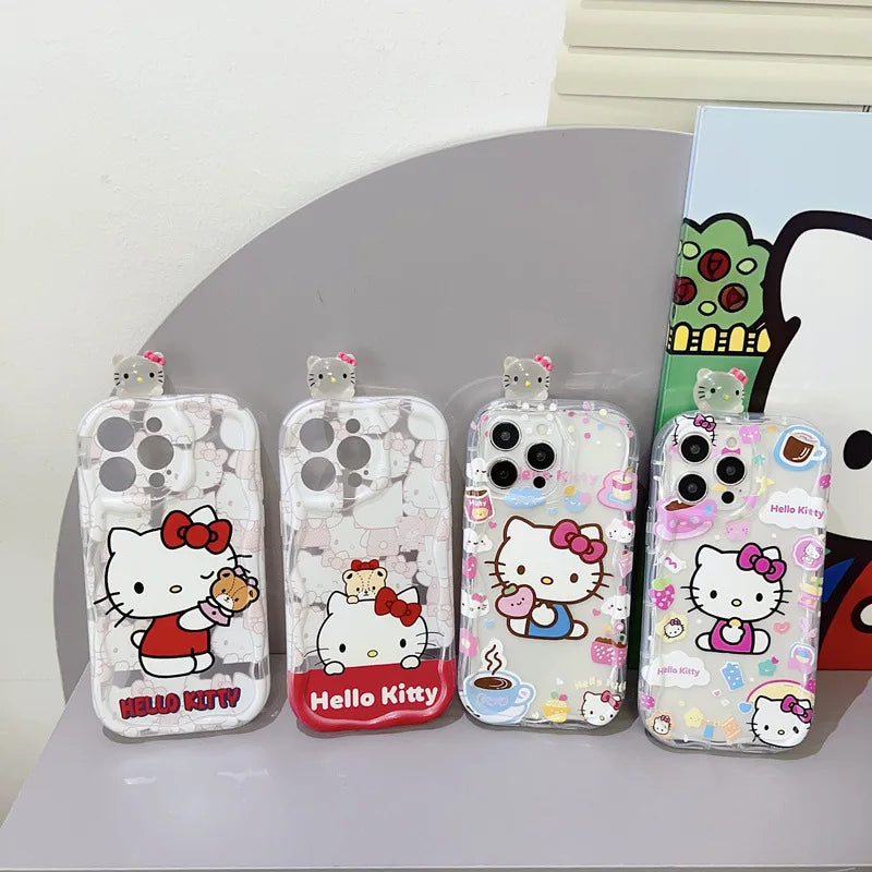 Cute 3D Cartoon Hello Kitty Diamond Bracket Wave Phone Case For iPhone