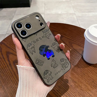 Anime Crayon Shin-chan Butt Emboss Laser Faux Leather Phone Case For iPhone