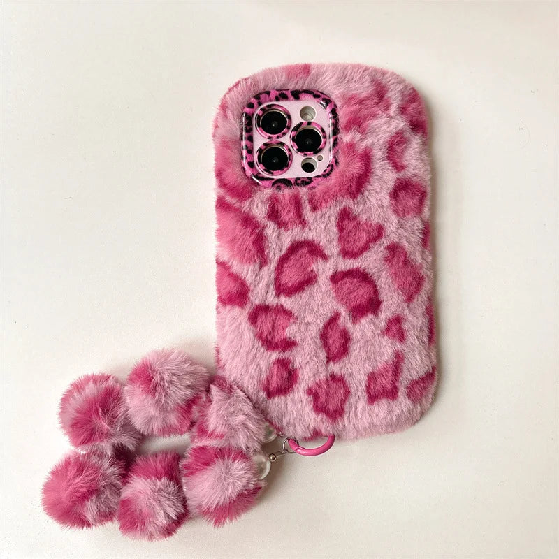 Fashion Leopard Furry Plush Lens Bracket Phone Case For iPhone
