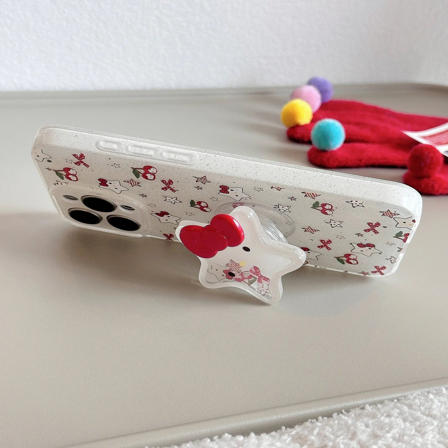 Korean Glitter Cute Cartoon Hello Kitty Quicksand Grip Tok Holder Phone Case For iPhone
