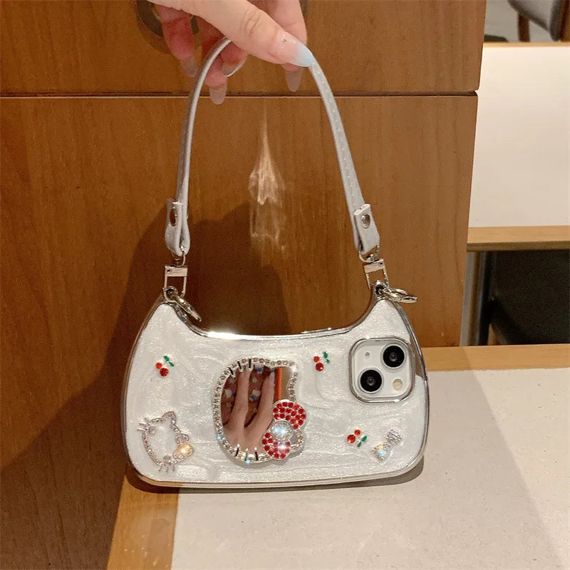 3D Diamond Cute Bow Hello Kitty Cherry Glitter Mirror Phone Case For iPhone