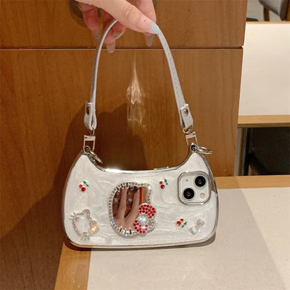 3D Diamond Cute Bow Hello Kitty Cherry Glitter Mirror Phone Case For iPhone