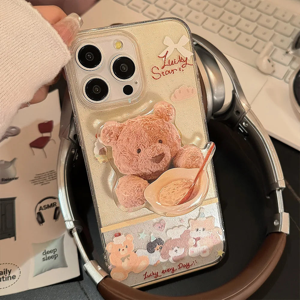 Korean Cute Dessert Bear With Stand Holder Glitter Phone Case For iPhone