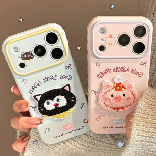 Korean Cartoon Embroidery Cat Pig Animals Plush Couple Phone Case For iPhone
