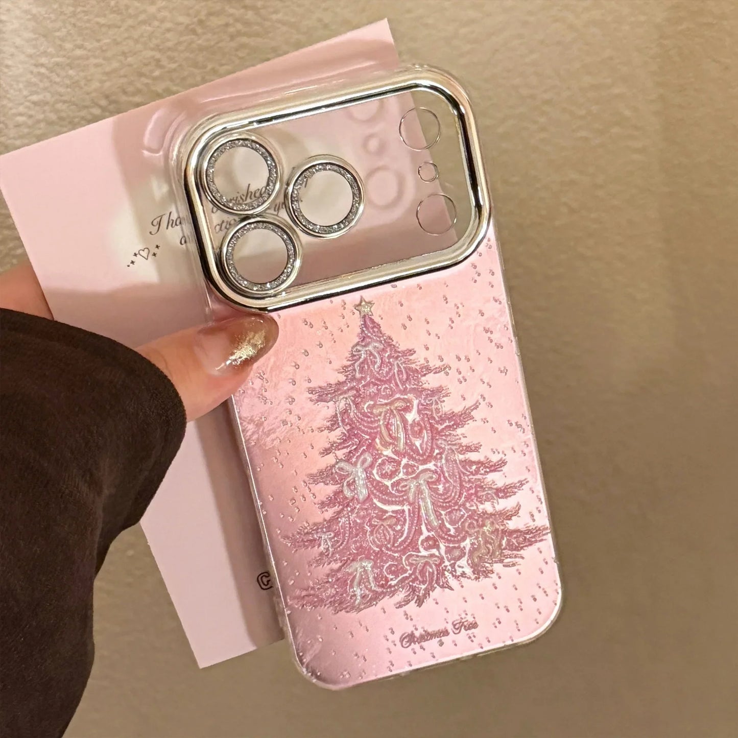 Pink Christmas Tree Glitter With Chain Phone Case For iPhone