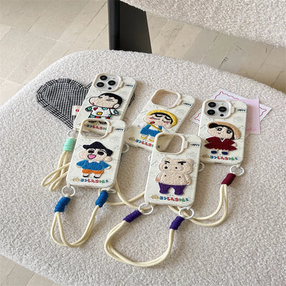 Cute Crayon Shin-chan Embroidered Leather Texture Phone Case For iPhone
