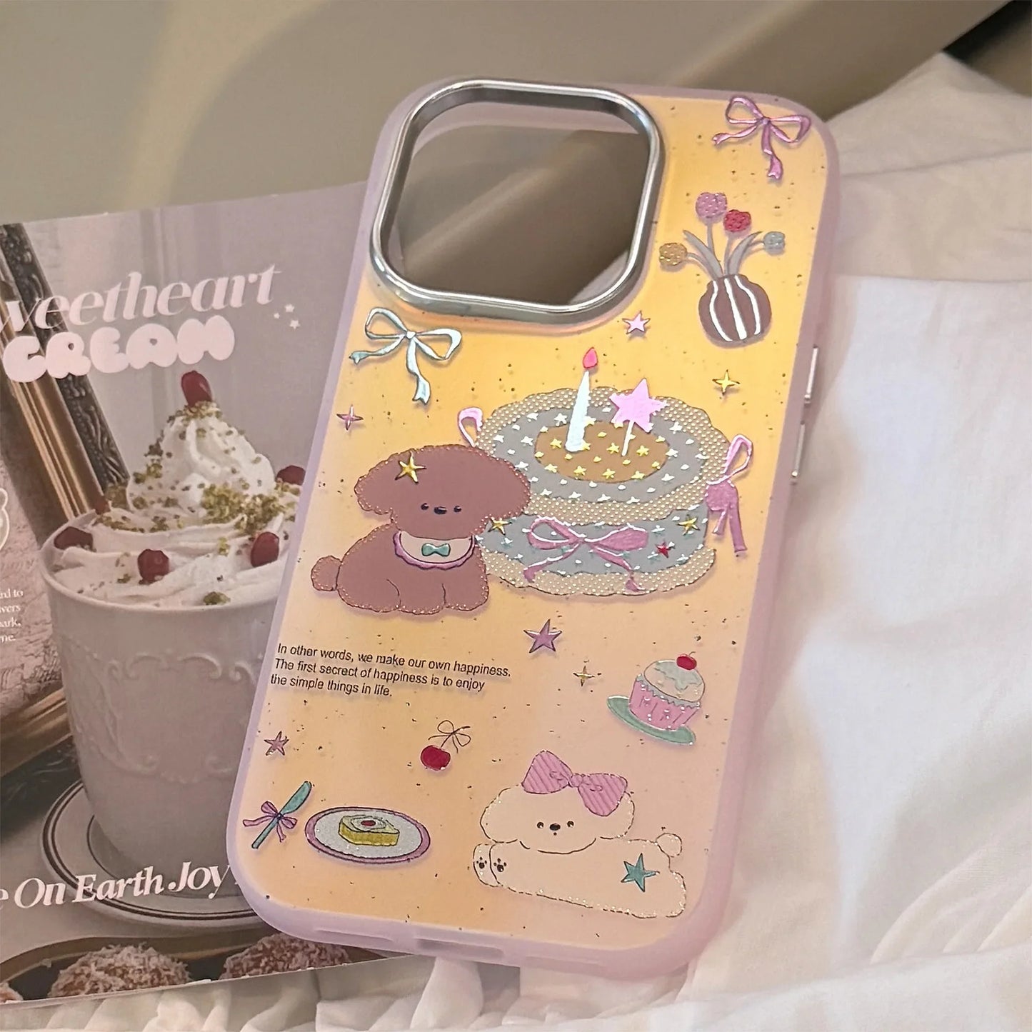 Korean Gilding Laser Cute Cartoon Dessert Cake Puppy Phone Case For iPhone
