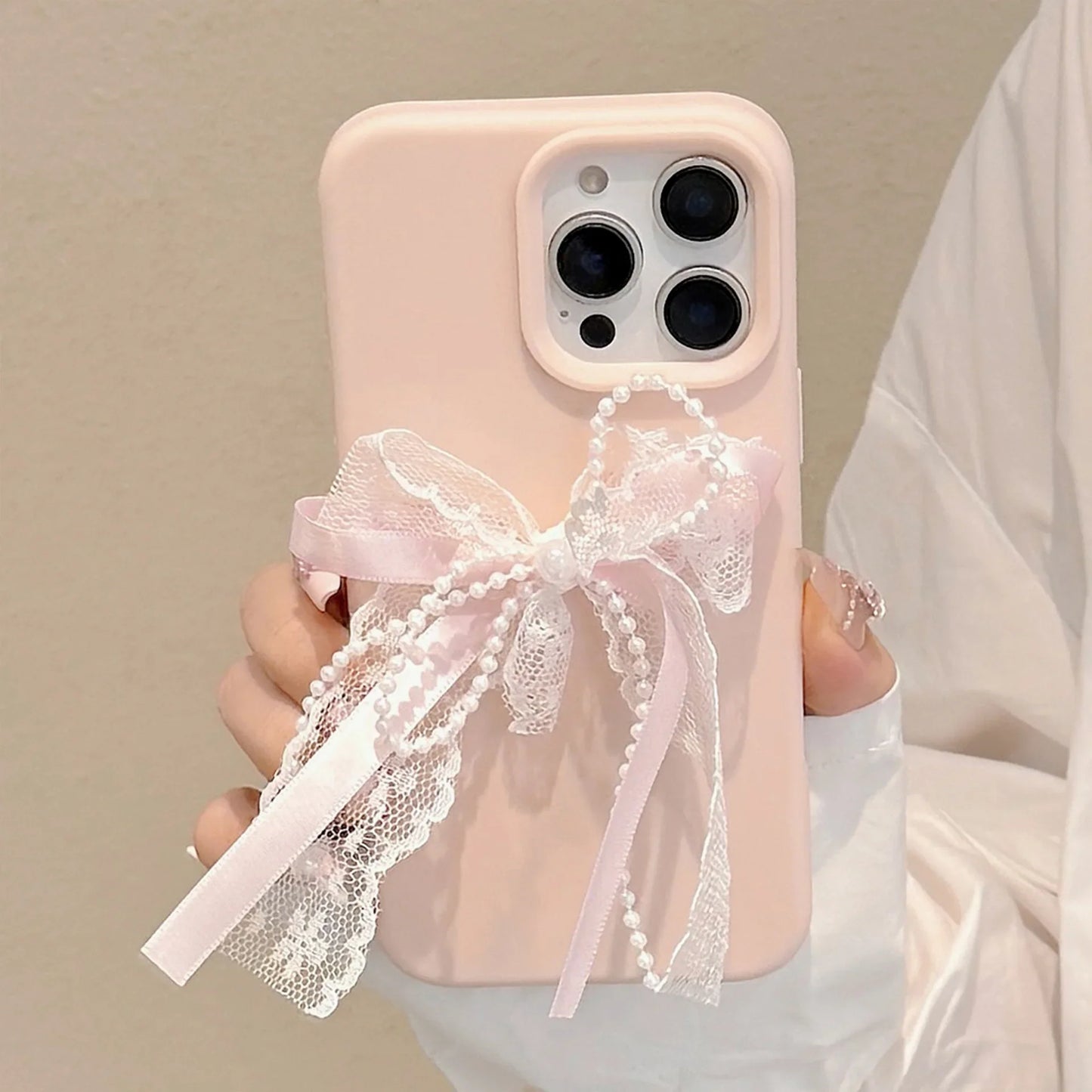 Korean Cute 3D Pearl Lace Silk Ribbon Bow Phone Case For iPhone