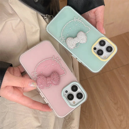 Luxury Rhinestone Bow Jelly Solid Color Glitter Hello Kitty Phone Case For iPhone