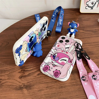 Cute Cartoon Stitch Angel With Crossbody Lanyard Pendant Wave Phone Case For iPhone