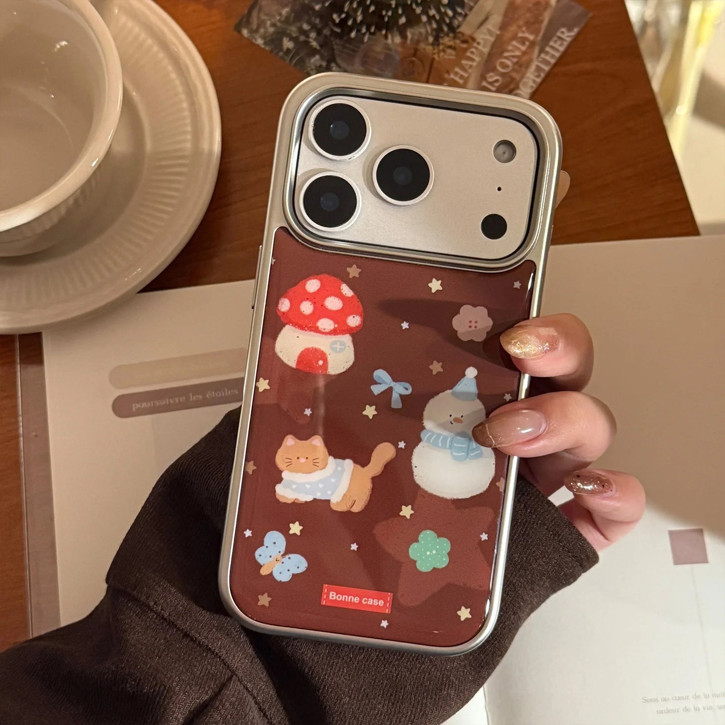 Korean Cartoon Christmas Snowman House Drop Glue Plating Phone Case For iPhone