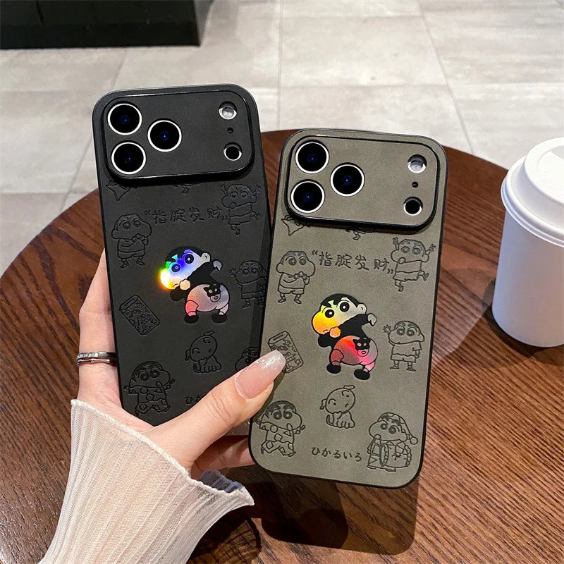 Anime Crayon Shin-chan Butt Emboss Laser Faux Leather Phone Case For iPhone